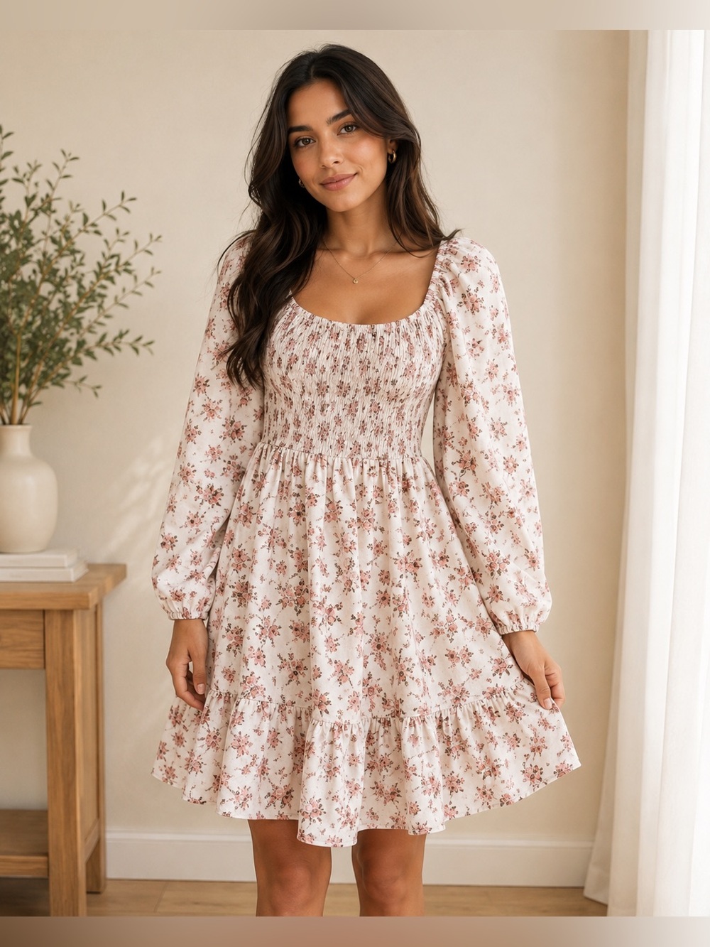 Celebrity Pink Floral Smocked Mini Dress XXL Cottagecore Boho Puff Sleeve